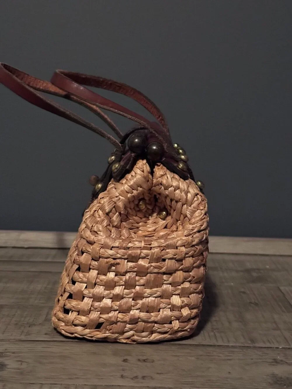 John Romain, Vintage 1960s Woven Straw & Leather Top Handle Handbag - Picture 5 of 11